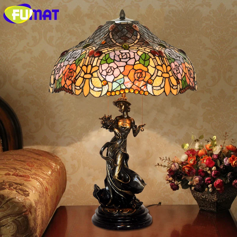 

FUMAT Tiffany style stained glass European rose retro handed down table lamp for living room bedroom lamp floor lamp LED decor