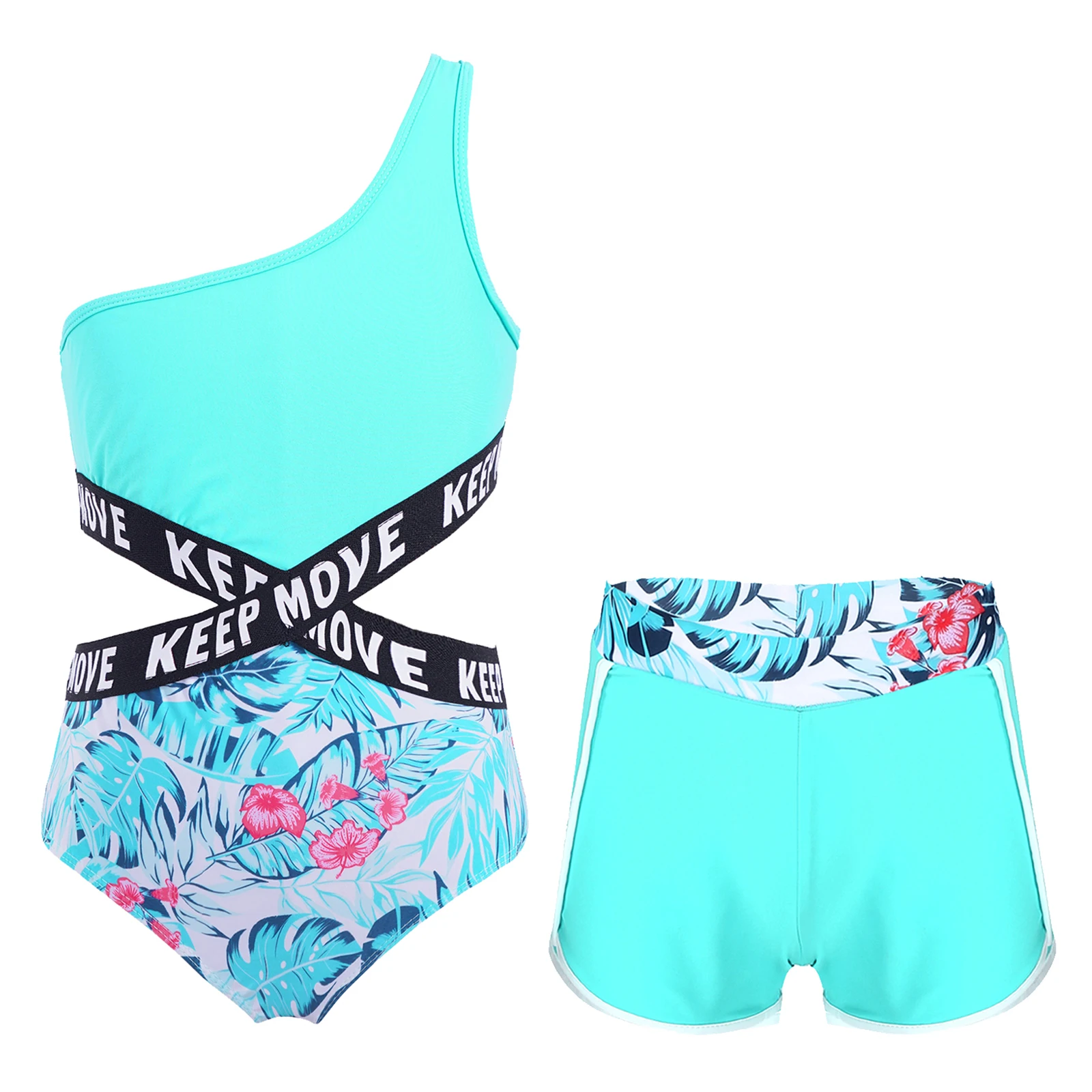 

Kids Girls Swimwear Set 2023 Summer Single Shoulder Hollow Out Waist Swimsuit with Shorts for Beach Pool Swimming Bathing suit