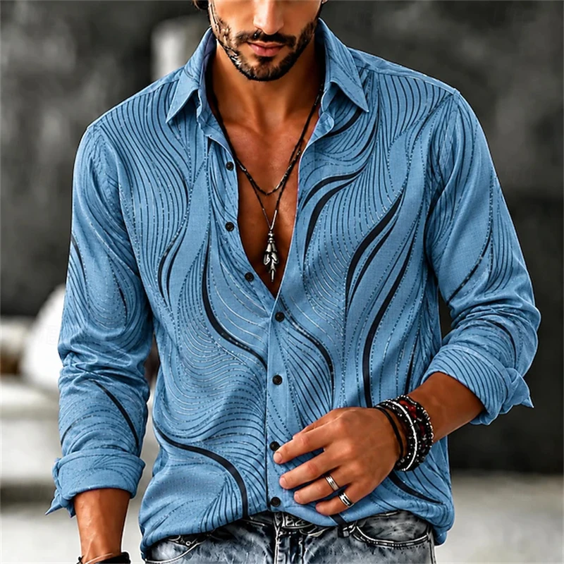 Men's Long-Sleeve Fashion Shirt Fall 2026 Blue Streamlined Wave Print Button-Down Collar Loose Fit Casual Retro Streetwear Style