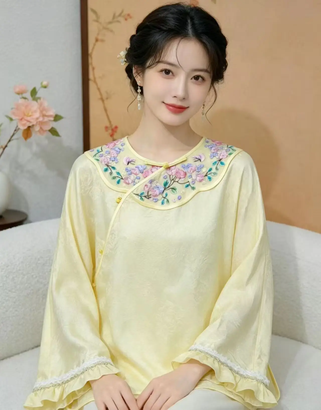 High-end 2026 Spring Embroidery Silk Top New Chinese Style Top Women's O-Neck Flowers Loose Blouse Shirt S-XXL