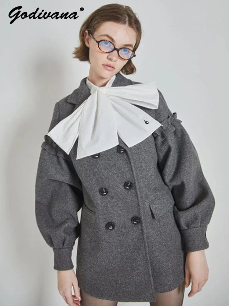 

Japanese Popular Double-breasted Suit Collar Pleated Bud Sleeve Medium Long Woolen Jacket Lady Elegant Wool Coat Winter Outwear