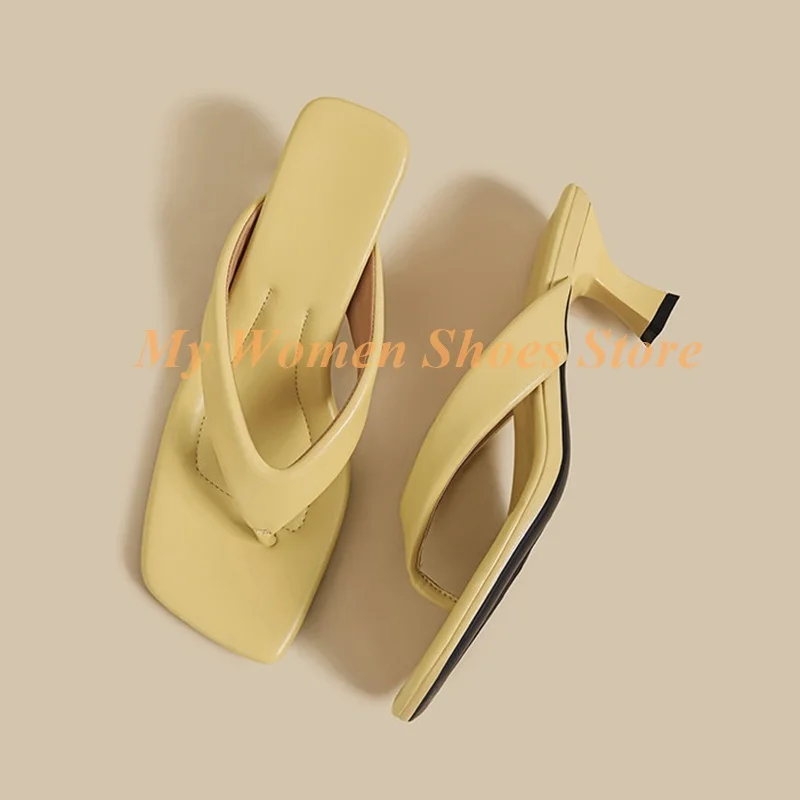 

Flip Flop Square Toe Kitten Heel Slippers Nude Black Yellow Fashion 2026 Summer Women Dress Shoes Matte Leather Slip On Slides