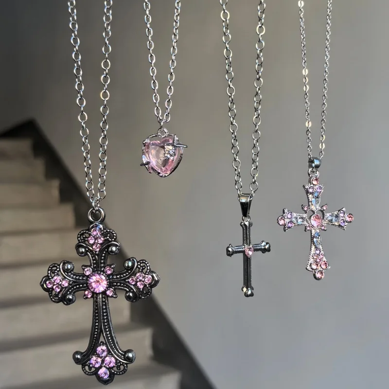 4Pcs Gothic Silver Powder Water Diamond Cross Pendant Pink Imitation Crystal Heart Pendant Women's Necklace