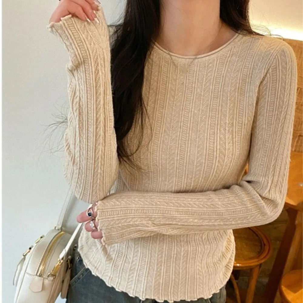 

Ruffled Edge Long Sleeved Knitwear Bottoming Shirt Pullover Sweater Top Spring Autumn Winter Slim Fit Knitted Top for Women Fall