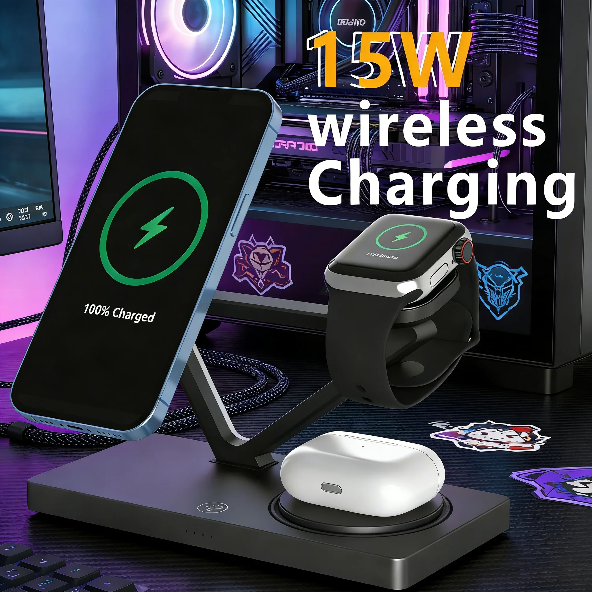 Cargador inalámbrico de 15W para IPhone17 16 15 14 PRO MAX para Apple Watch Series10-1 para Airpods Pro estación de carga soporte luz trasera