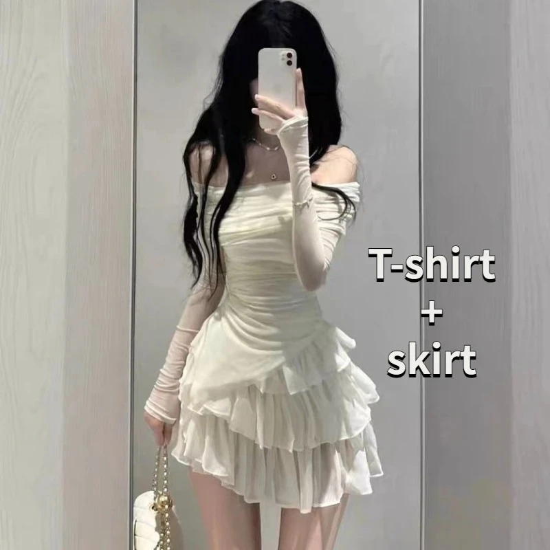 

Skirts Sets Women Summer Slim Tiered Ball Gown High Waist Sweet Faldas Thin Gentle Irregular Sunscreen Long-sleeve T-shirts OOTD