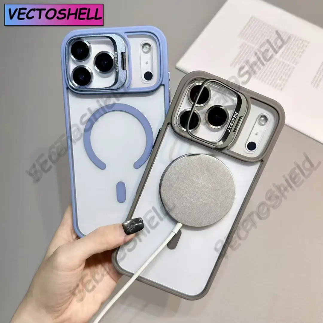 Luksusowe, magnetyczne, odporne na wstrząsy etui na telefon iPhone 15 14 13 12 11 16 17 Pro Max Plus 16E Funda Stand z ochroną szklanego obiektywu