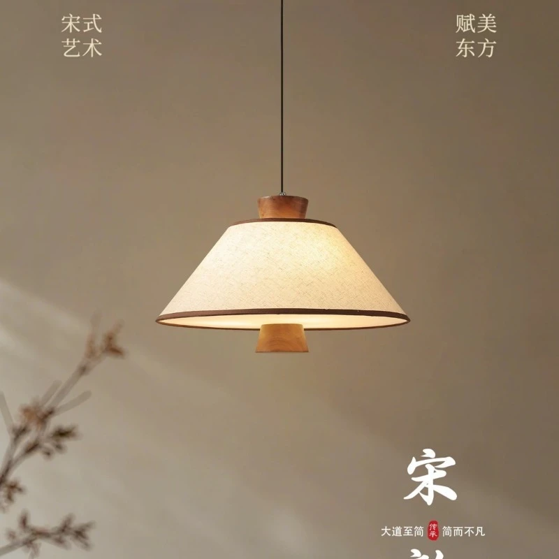 Japanese Walnut Wood Fabric Pendant Lights Beige Linen Lampshade Dining Room Kitchen Living Bedroom French Aesthetics Chandelier
