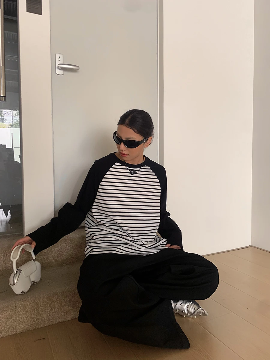 American Style Loose Fit Long Sleeve Striped T-Shirt Women's Autumn New Design Slimming Top GOGO BURN Black Vertical Stripes