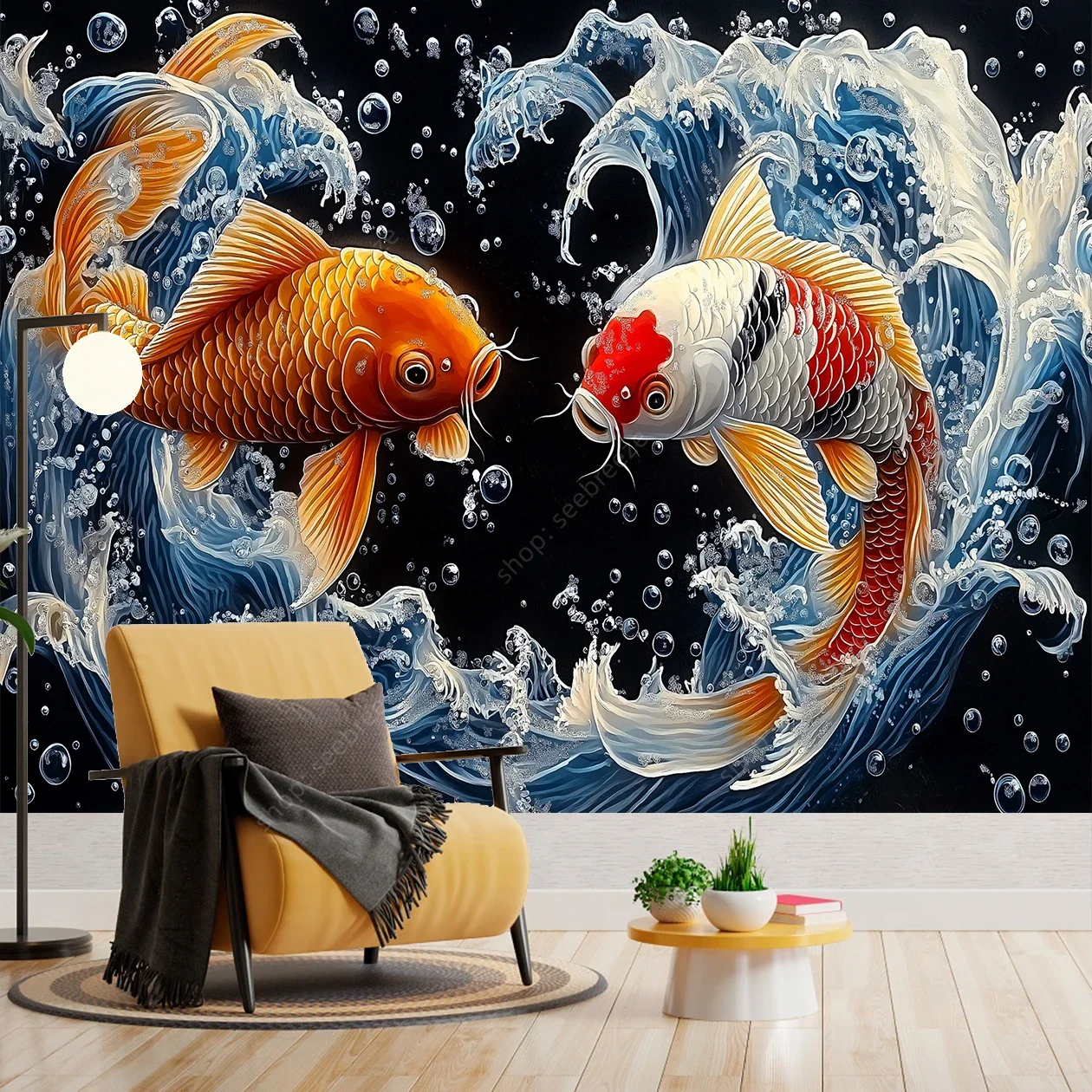 Koi Fish Swimming Tapestry Japanese Inspired Wall Art for Home Decor Zen Style Living Room Bedroom Watercolor Koi Design