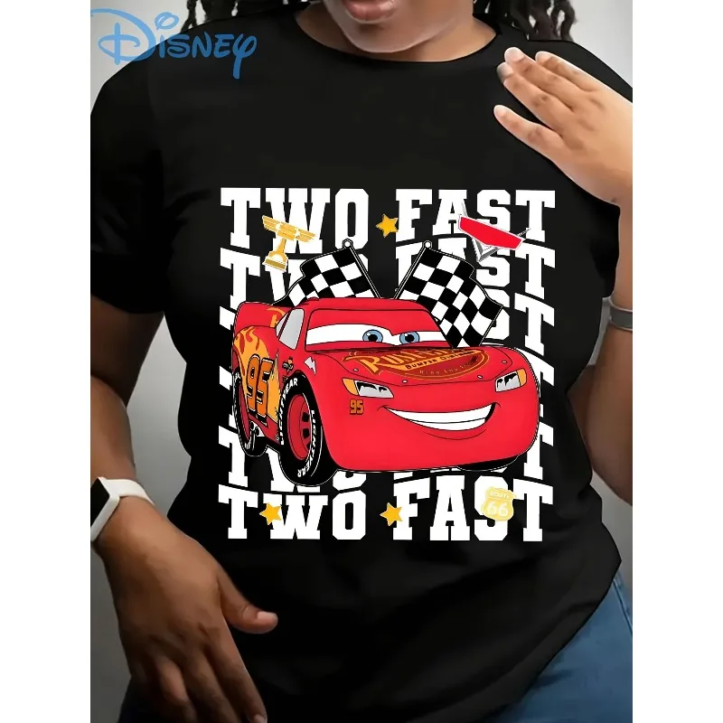 

Disney Car Star Lightning McQueen Women's Pattern T-shirt Casual Round Neck Top with "Two Fast Two Fast" Design Pattern T-shirt