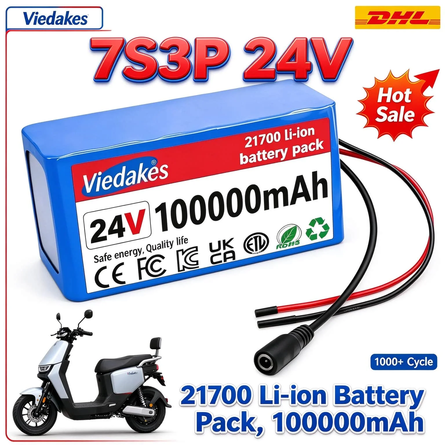 Built-in BMS Multi Safety Protection 7S3P 24V 100000mAh 21700 Battery Viedakes for Solar Panel & E-scooter