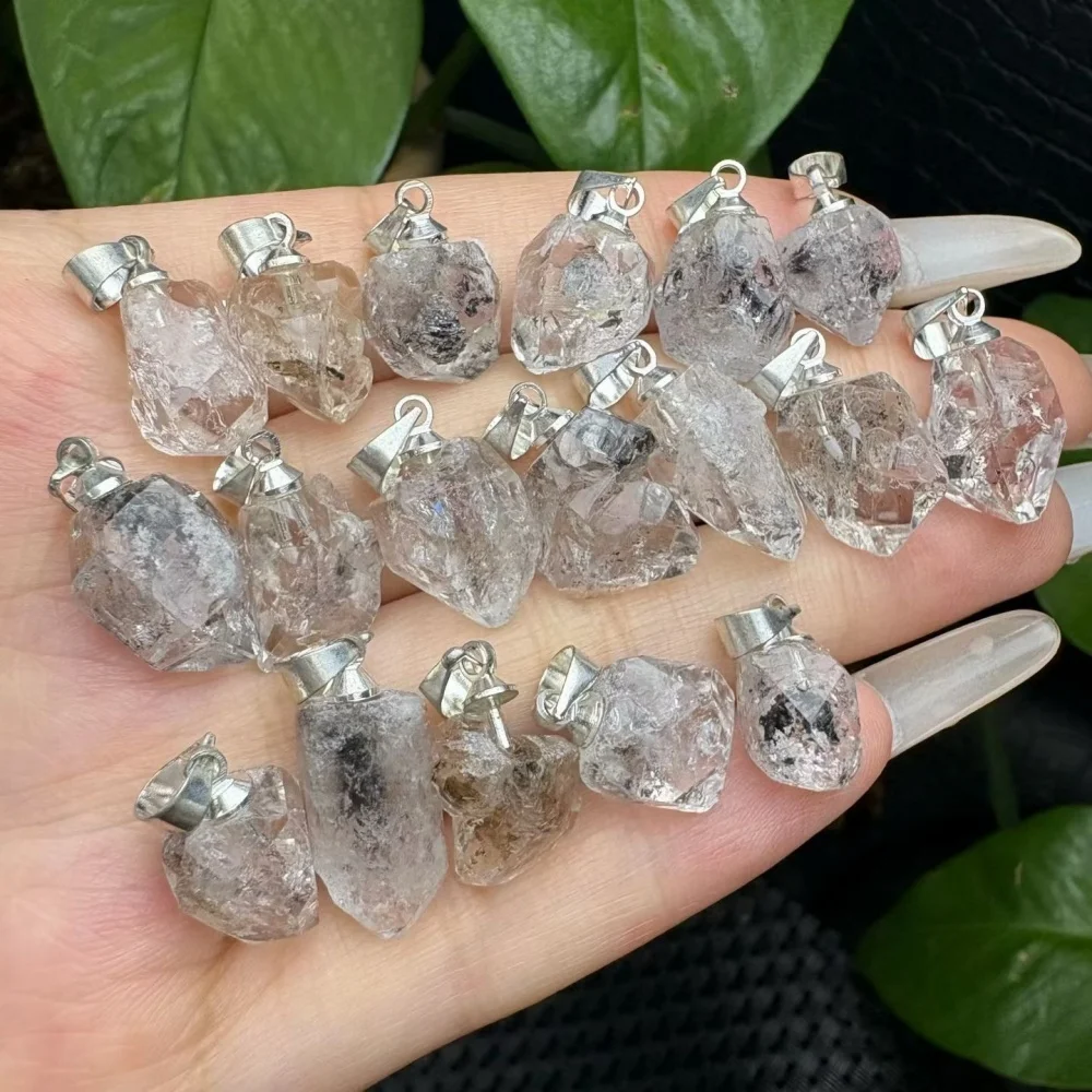 Natural Herkimer Diamond Quartz Raw Pendant Silver Bail Inclusion Clear Crystal Necklace Reiki Healing Crystal Charm