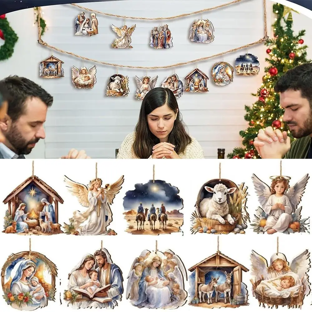 12/24/36pcs Wooden Christmas Nativity Pendant Christmas Tree Decoration Flat Shape Painted Pendant Hanging Thatched Hut