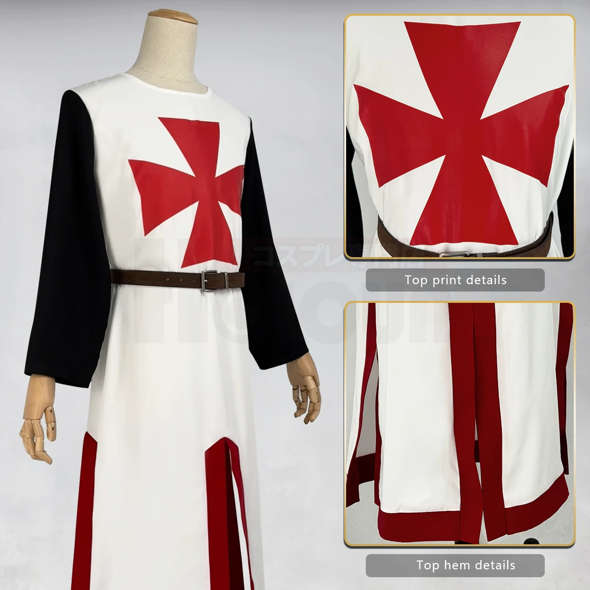 HOLOUN Medieval Crusader Knights Templar Robe With Hooded Cape Cosplay Costume Convention Halloween Christmas Party Outfit view 3