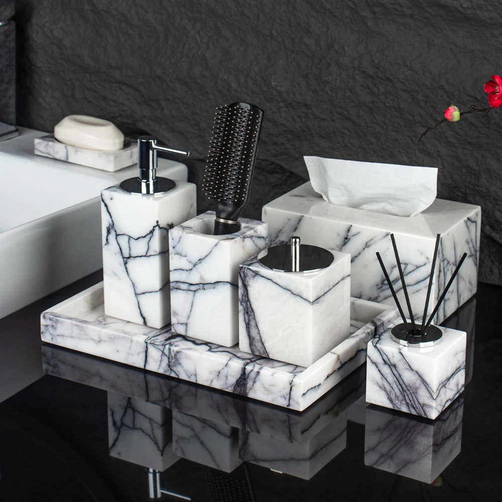 Black and White Marble Emulsion Bottle Tissue Box Toothbrush Holder Cup Tray Bathroom Hand Sanitizer Bottle Bathroom Supplies