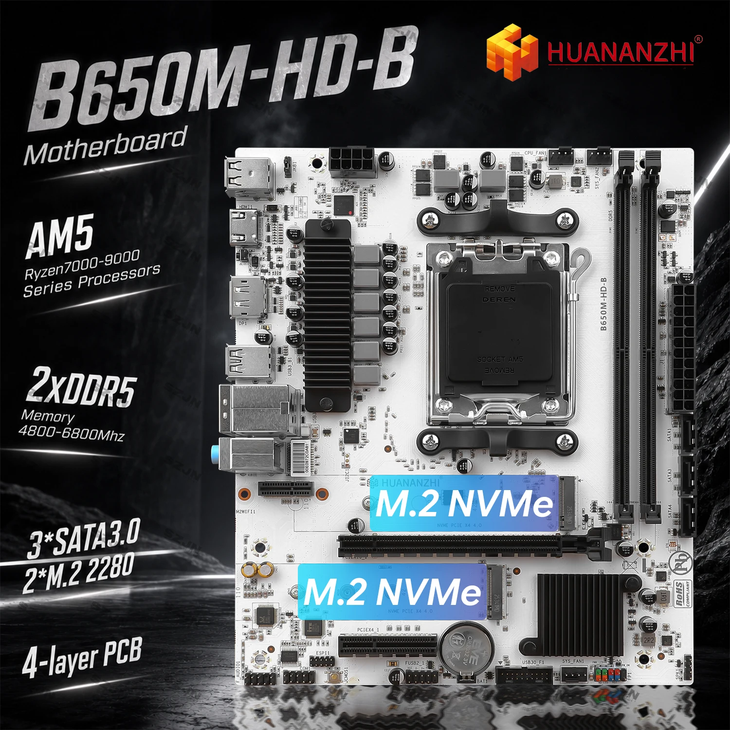 HUANANZHI B650M-HD-B AM5 Motherboard Set with AMD Ryzen 7000 8000 9000 CPU DDR5 Max 96GB Memory M.2 NVMe PCIe 4.0 DIY Kit Choice