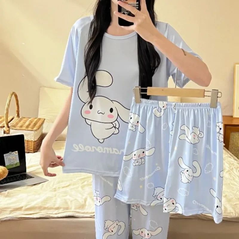 Conjunto de pijamas Kawaii HelloKitty para niñas, ropa de casa de manga corta, dibujos animados, Cinnamoroll Sanrio, se puede usar fuera, verano, tres piezas