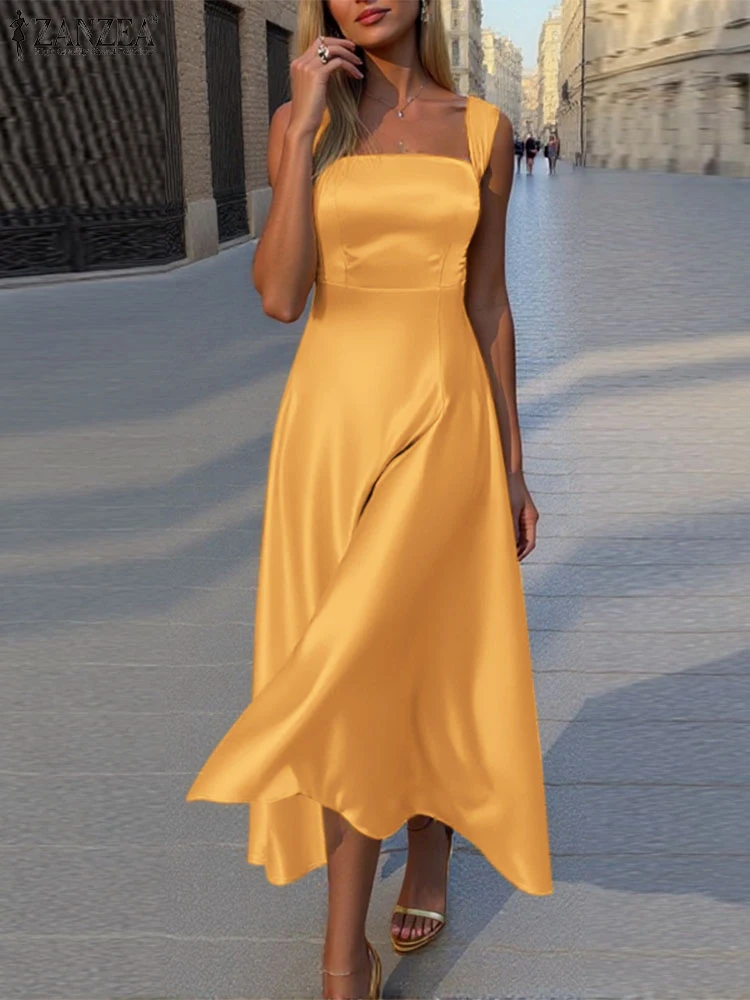 Women Solid Satin Dresses ZANZEA Fashion Sleeveless Tank Sundress Casual Loose Party Square Collar Robe 2025 Summer Maxi Dress