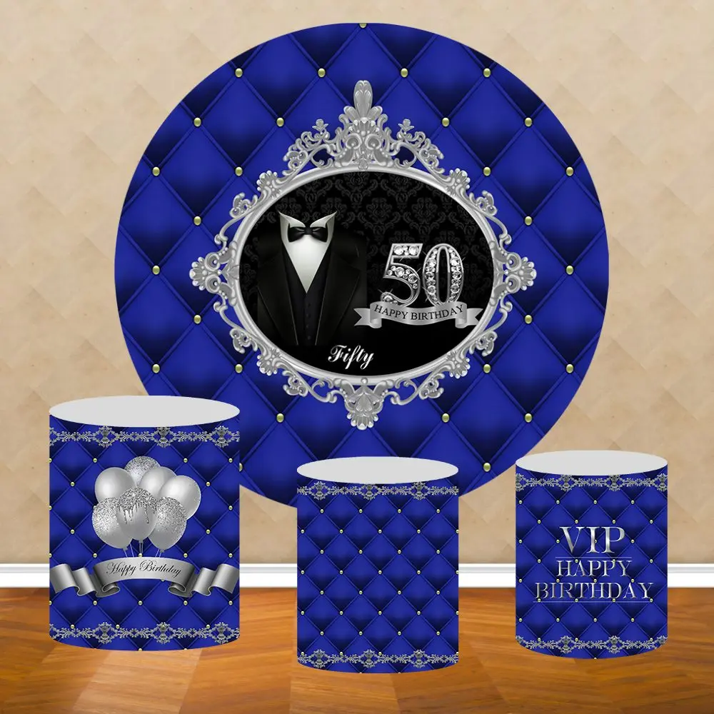 Royal Blue Prince Birthday Party Round Cover Backdrop Custom Crown Logo Decor Circle Background Plinth Covers Photo Studio