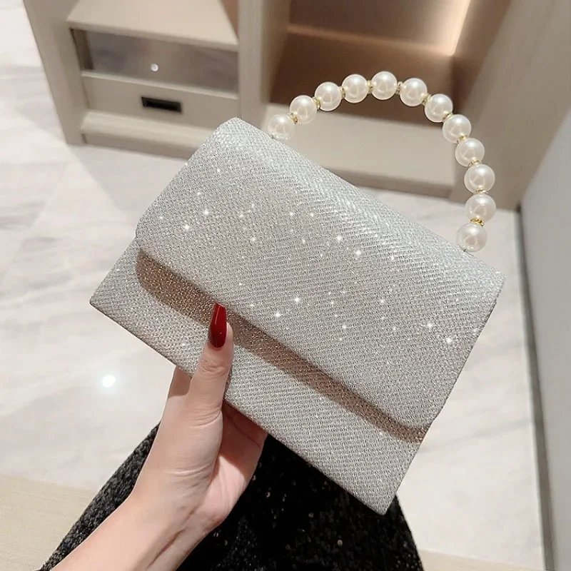 

Pearl Chain Shoulder Bags Luxury Purse Gold Bright Silk Evening Bag Women Elegant Fashion Banquet Clutch Female Handbag bolsa