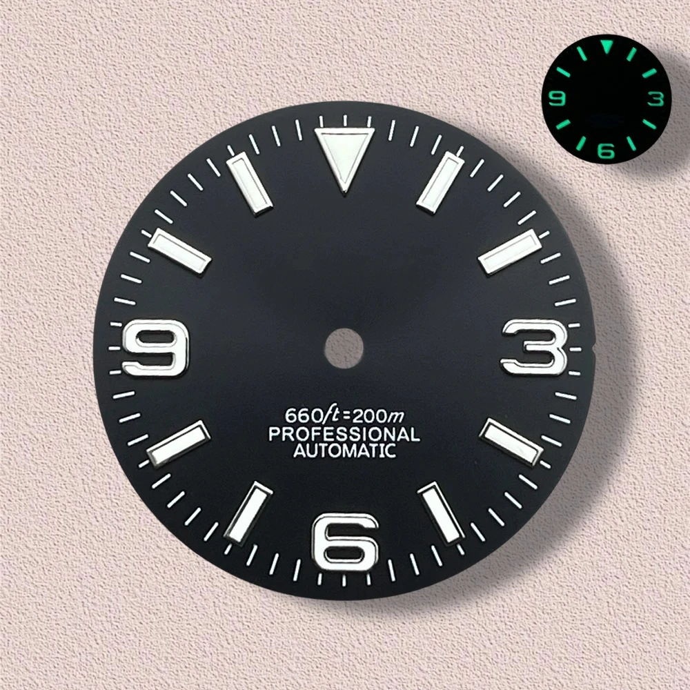 28.5mm S Logo Ex plorer Sunray Dial Fit NH35/NH36/4R/7S Movement Green Luminous Watch Modification Accessories 3/3.8/4O'clock