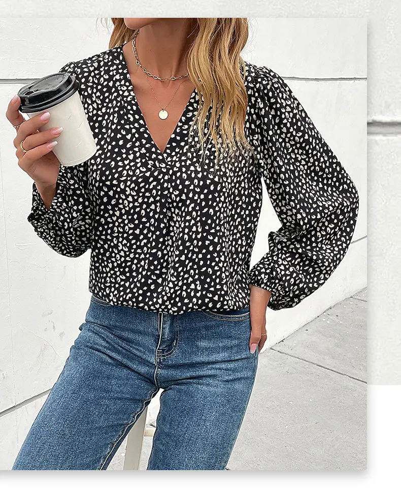 

Women's Shirt 2023 Summer New Leopard Loose Lady Blouses Fashion Deep V Neck Pullover Lantern Long Sleeves Top Female Clothing