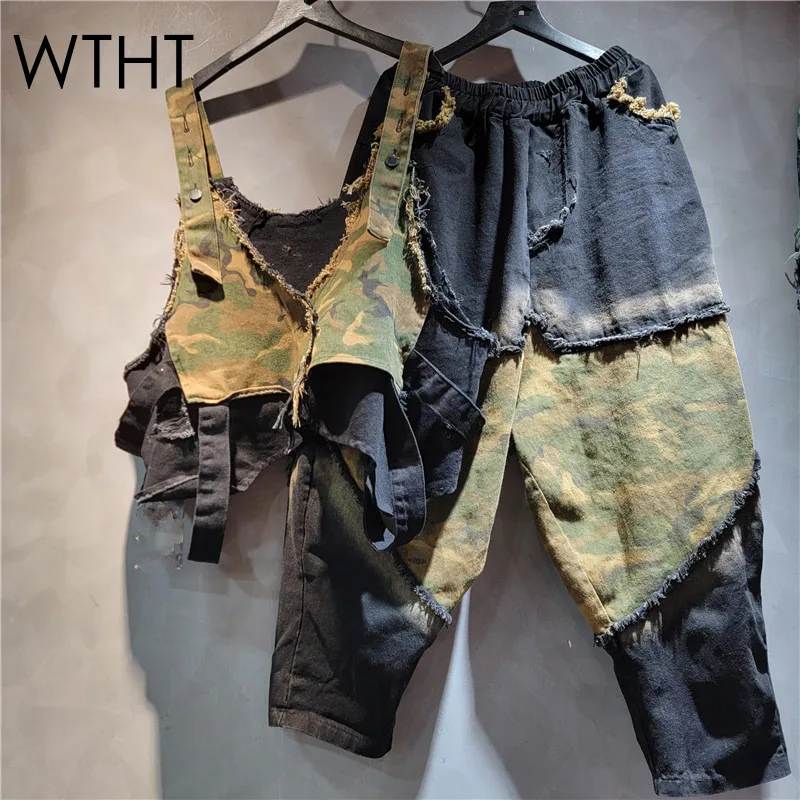 

WTHT Trendy Vintage Women's Patchwork Camouflage Denim Sling Vest Elastic Waist Loose Harem Jeans Female 2025 Summer 1LS1664