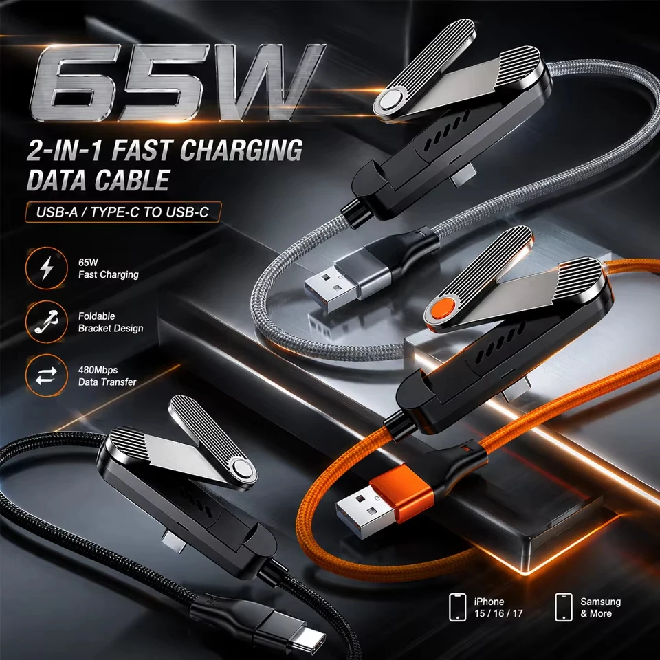 USB/Type C to Type C Fast Charging Foldable Bracket Data Cable 3 Fold Desk Holder Charge Wire For Samsung For Xiaomi