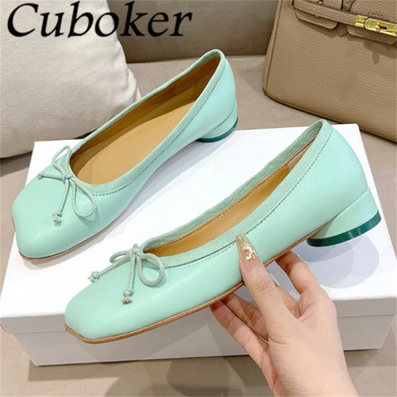 

2024 Summer Square Toe Bowknot Low Heel Single Shoes Women Real Leather Slip On Loafers Daily Elegant Dress Ballet Shoes Femme