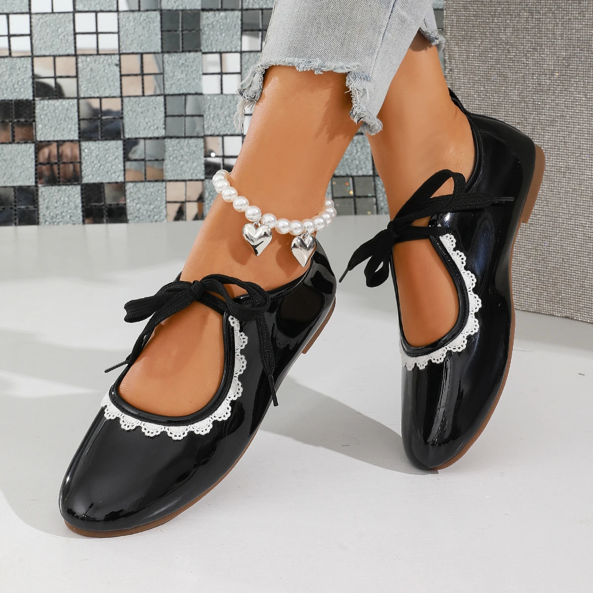 

Women Spring Plus Size Lace Slip Strap Soft Sole Non-Slip Flats Round Toe Shallow Mouth Low Top Shoes Lace decorative edge