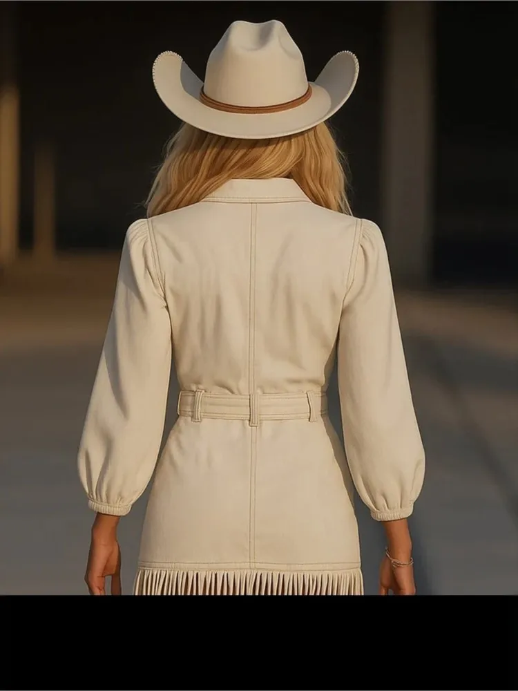 

2026 Autumn Winter Sexy Deep V-neck Denim Tassel With Belt Waist Mini Dresses Women's Fashion Splicing Solid Color Patry Dress