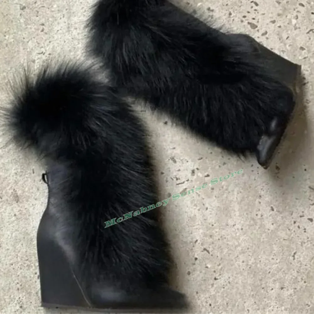 Suede Pointed Toe Boots Wedges High Heels Solid Fur Lace Up Straps Mid Calf Boots Women Winter Shoes Warm Big Size Designer New