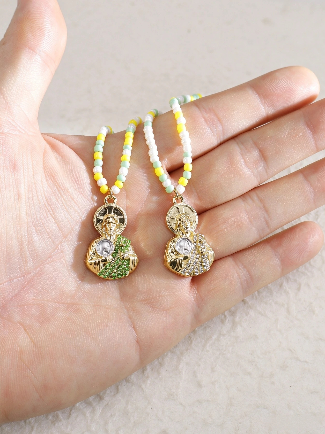 Gold-Plated Green Saint Jude Pendant Necklace with Seed Bead Chain High-Quality Design Inspired by New Beginnings