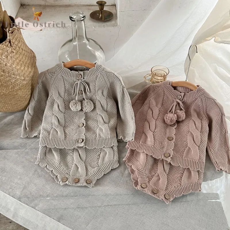 Newborn Baby Girl Knitted Jacket Suspender Romper Infant Toddler Child Cotton Sweater Solid Color Cardigan Baby Clothes 3M-2Y