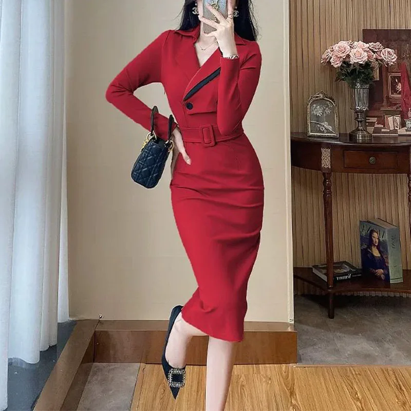 

Sexy Luxury Banquet Winter Women Fashion Suit Dress Slit Slim Temperament Long Sleeve No Belt Bag Hip Tight Banquet Dresses