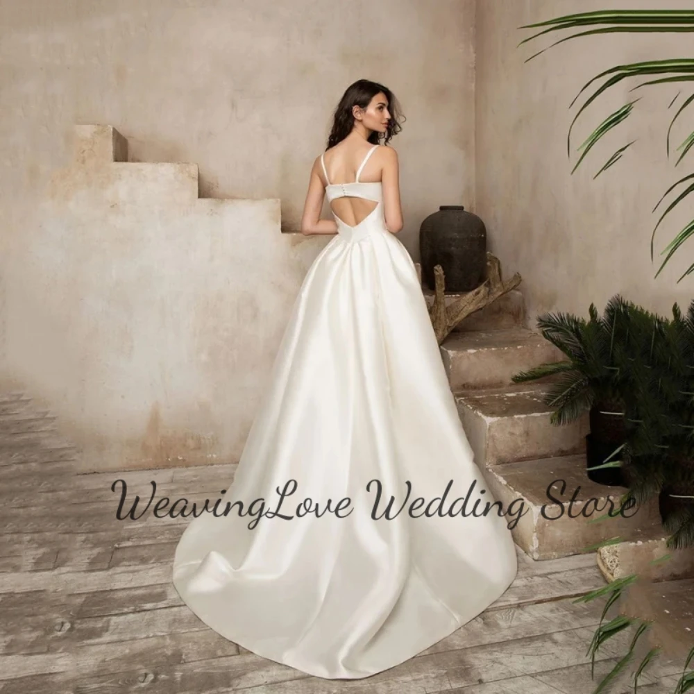 Simple & Charming Satin V-Neck Wedding Dress For Bride Sleeveless Straps A-Line Floor Length Vestidos Elegantes Para Mujeres