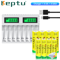 KEPTU 4pcs Rechargeable AA Batteries 2200mAh and 4pcs 900mAh 1.2V AAA NI-MH Battery with LCD USB Charger