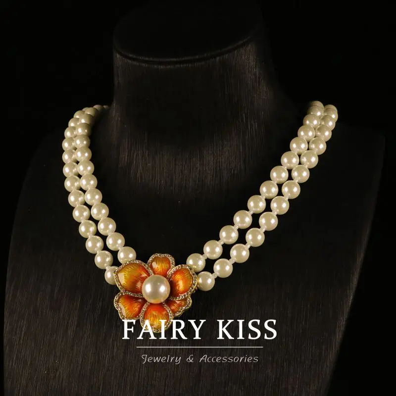 Palace Style Simple Elegant Handmade Enamel Glass Pearl Exquisite Elegant Necklace Suit Versatile High Sense