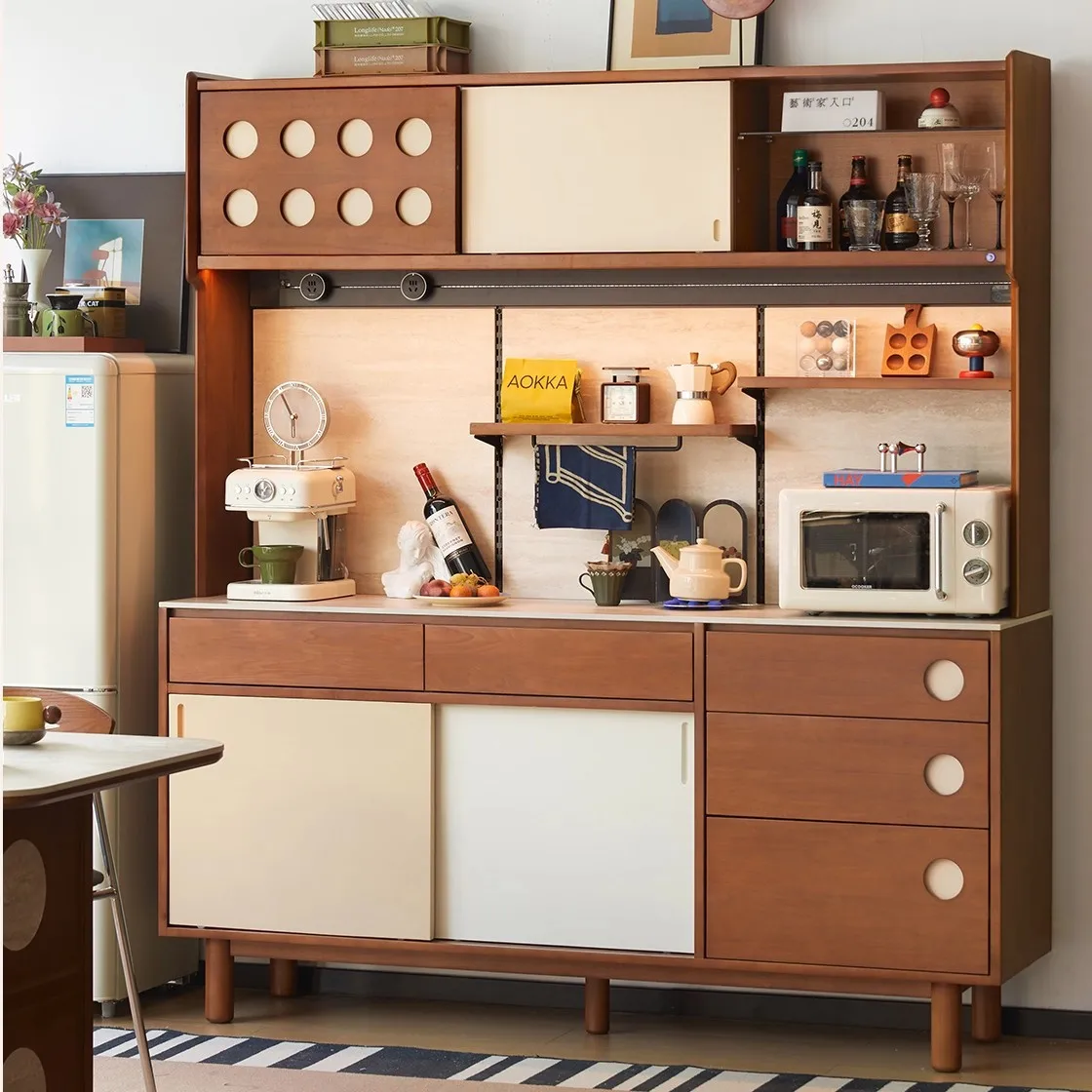 

Solid wood dining side cabinet, antique travertine rock slab storage cabinet, kitchen integrated against the wall, living room s