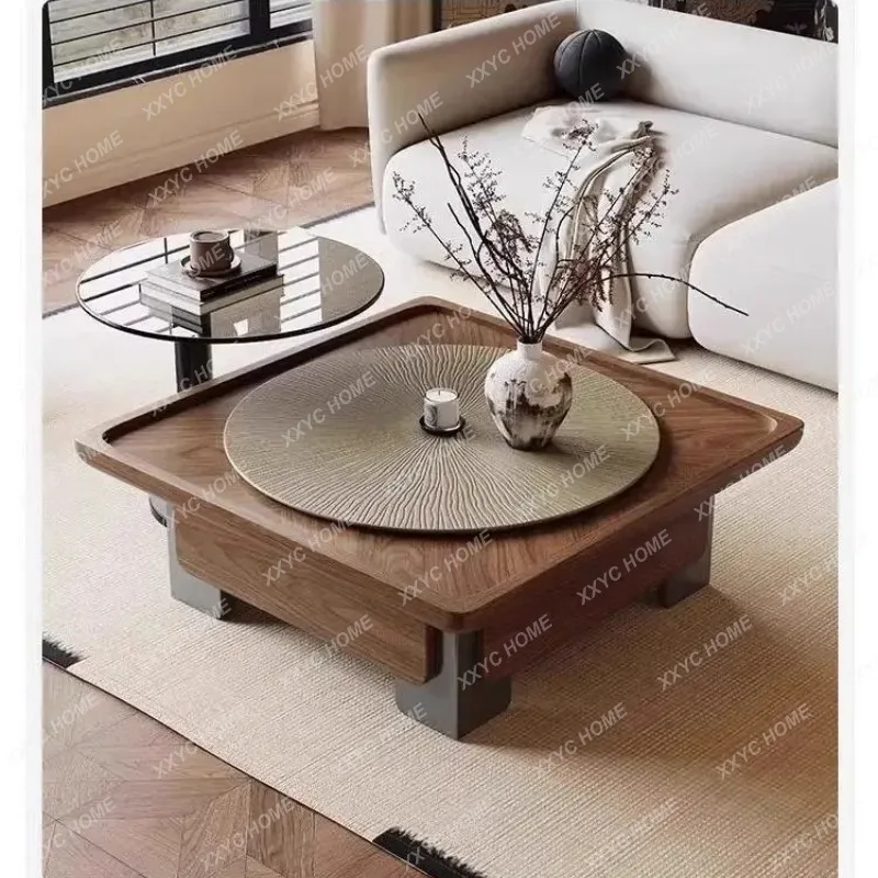 XX Retro Square Coffee Table Walnut Wood Grain for Living Room Small Space Round Tempered Glass Table 2025 New