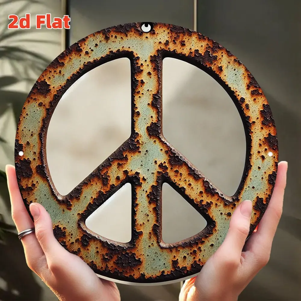 Rusted Distressed Peace Symbol Round Metal Wall Plaque, 1pc 2D Flat Decorative Tin Sign, 20x20 Retro Hippie Style Indoor Outdoor
