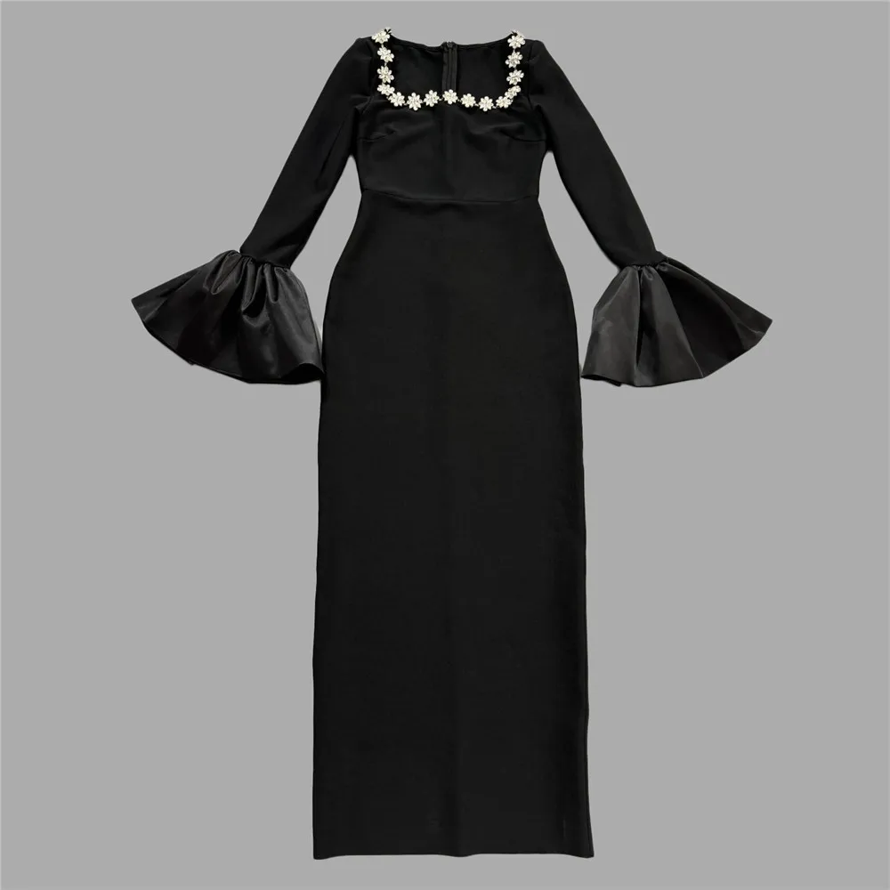 2025 New Women Elegant Bandage Dress Beading Flare Sleeve Patchwork Clothes Celebrity Party Dresses