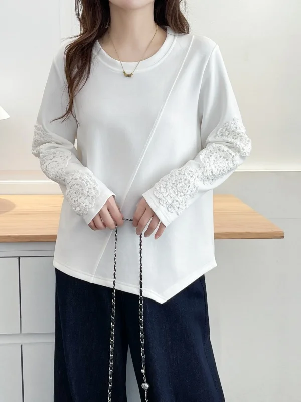 Autumn Fashion Large Size T-Shirt Irregular Hollow out Long Sleeve Lace Trim Splicing Design Casual Style Polyester Fiber