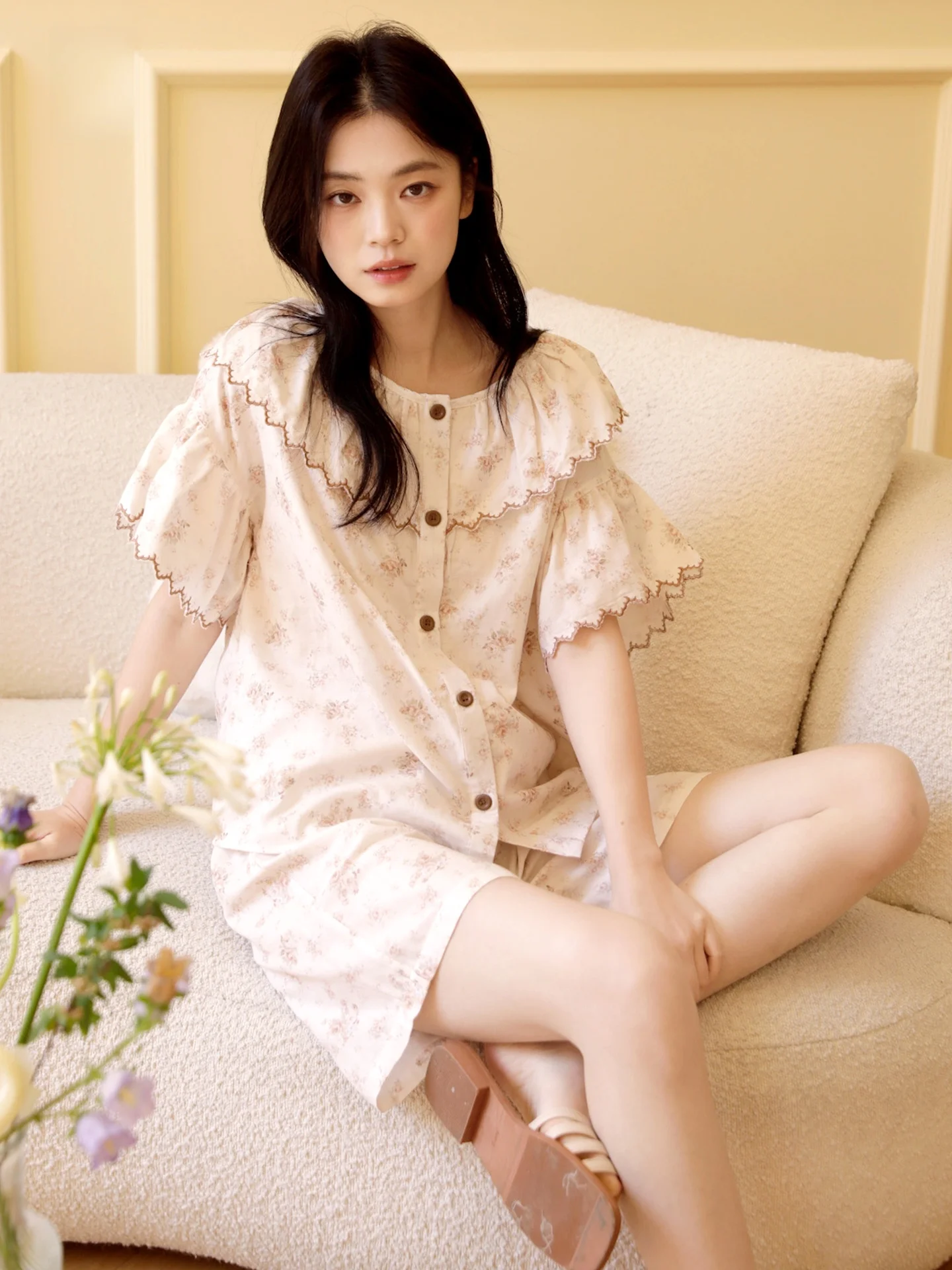 class-a-maternity-cotton-double-layer-muslin-short-sleeve-short-pants-home-clothes-women-embroidered-print-home-wear-summer-o