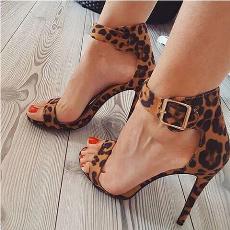 Sexy Women Leopard One Line Ankle Buckle Strap Cover Heel Thin Heels Summer Sandals Banquet Dress Shoes Size 47 Drop Shipping