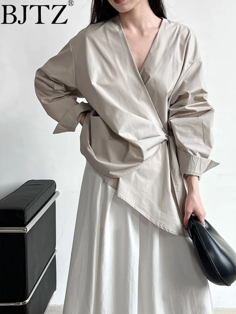 BJTZ Irregular Waistband Tied Shirt&blouse For Women 2025 Spring Summer Trendy Solid Color Loose Designer V-neck Shirts Top