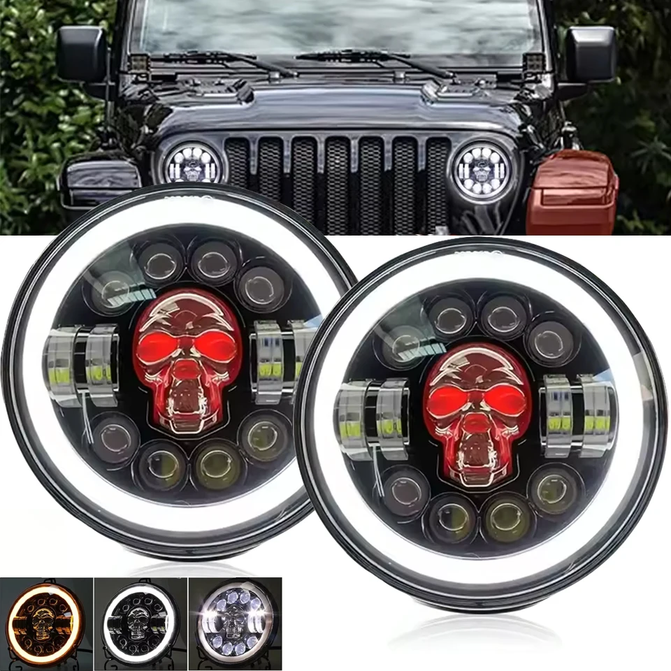 

7 Inch Round LED Super Bright Headlamp Automatic Turning Changes Motorcycle skull Headlights Fit For Harley Davidson 12V 24V