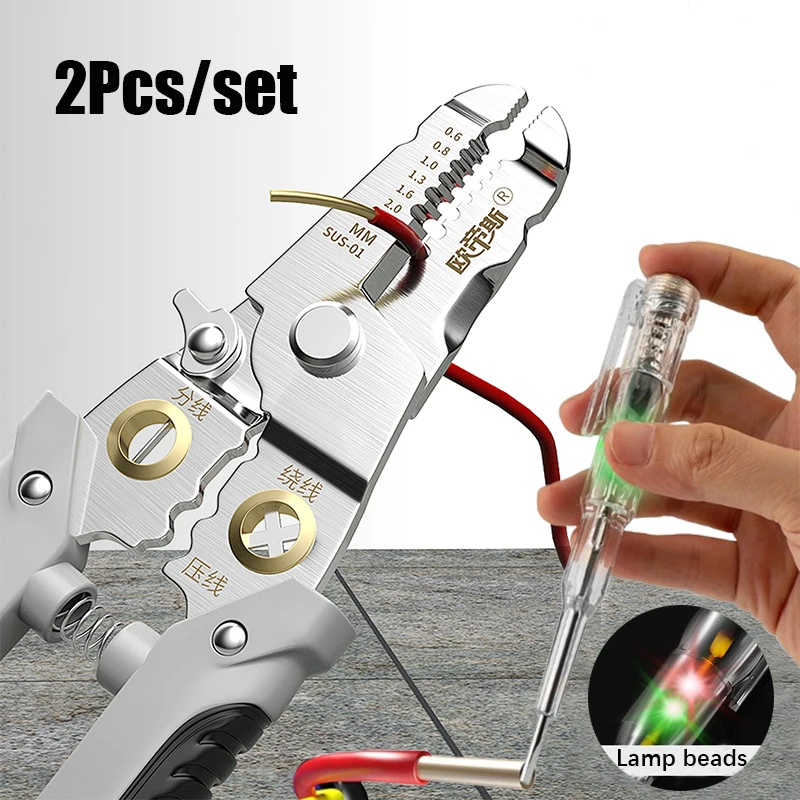 2pcs Professional Electricians Hand Tools Cable Stripping Pliers Colored Light Voltage Tester Wiring Maintenance Tool Set