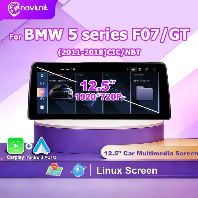 Écran multimédia pour voiture Linux 12.5 pouces, Carplay, Android Auto, stéréo, pour BMW série 5 F07 GT 2011 – 2018, CIC NBT, Navigation par liaison miroir